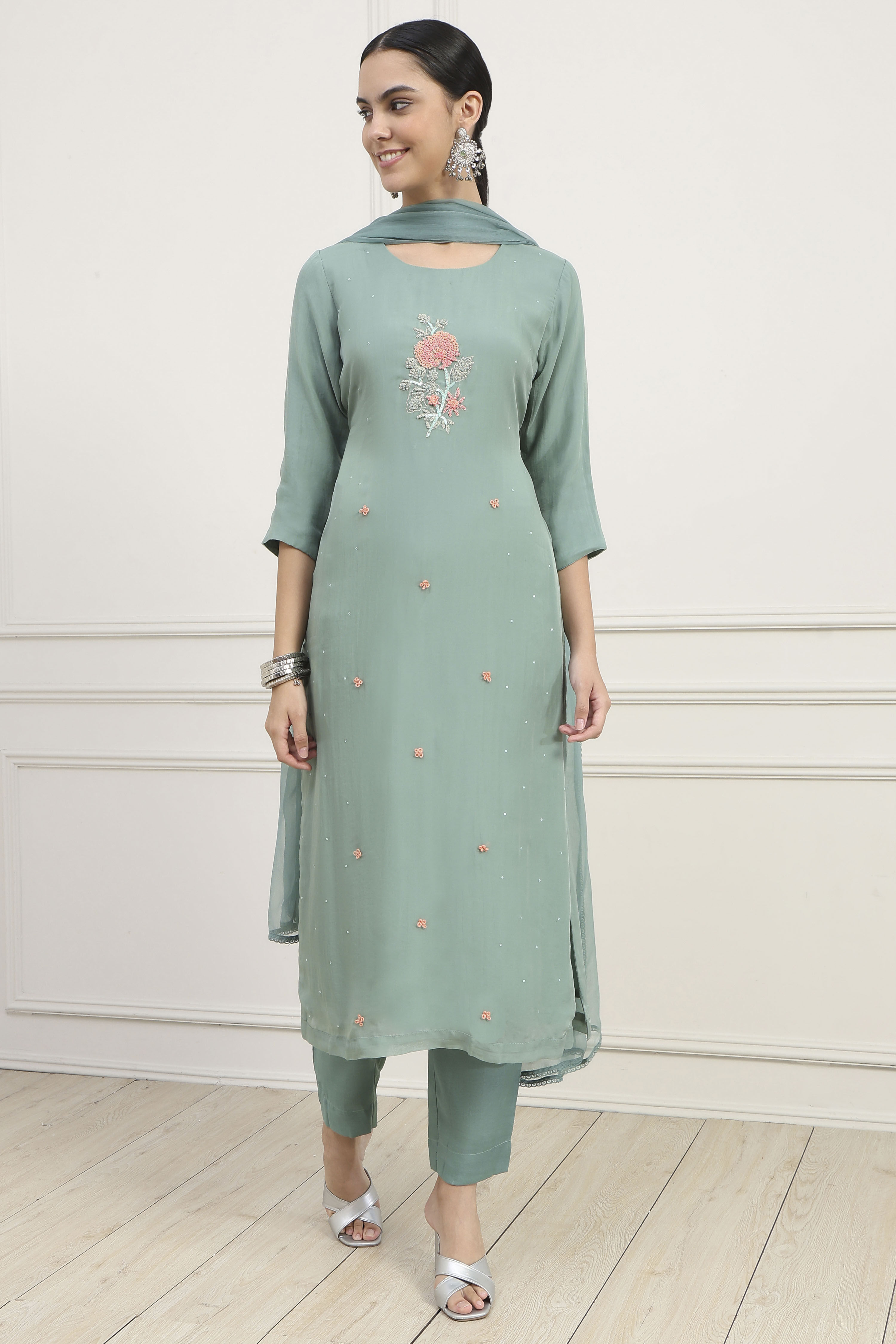 Dull Green Viscose Organza Hand Embroidered Unstitched Suit Set image number 1