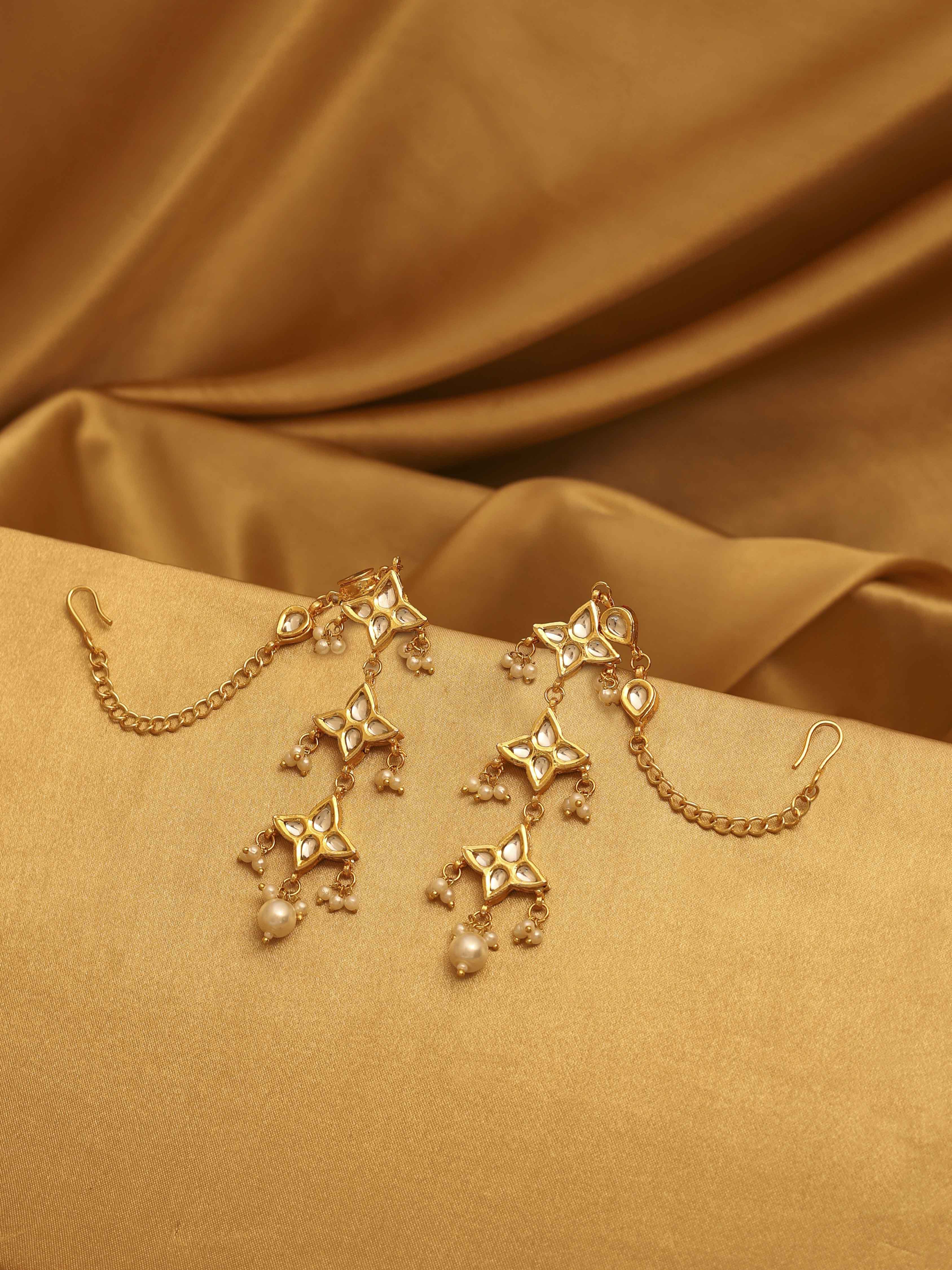 Gold Plated Brass Studded Kaanchain Earrings image number 0
