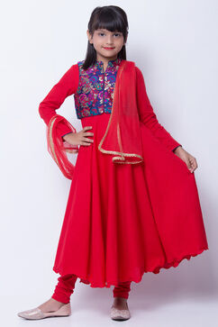 Red Cotton Anarkali Kurta Churidar Suit Set image number 0