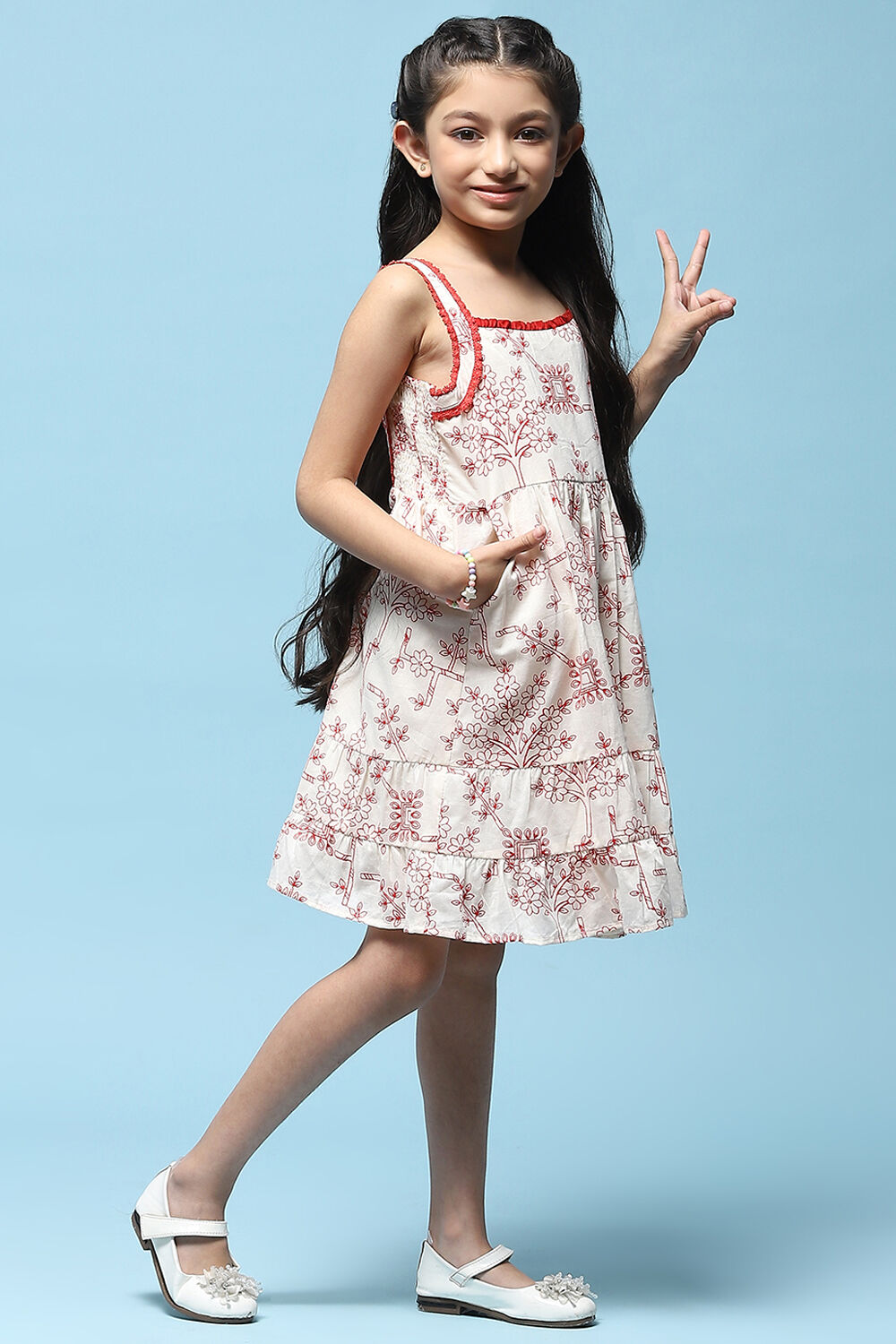 Ecru Red Printed Cambric Dress With Red Lace Detail On Neck image number 4