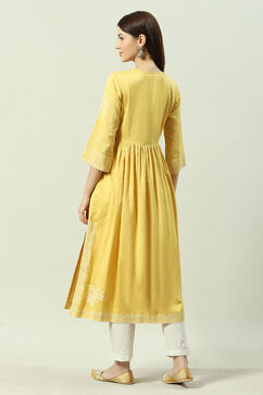 Yellow Poly Cotton Flared Printed Kurta image number 4