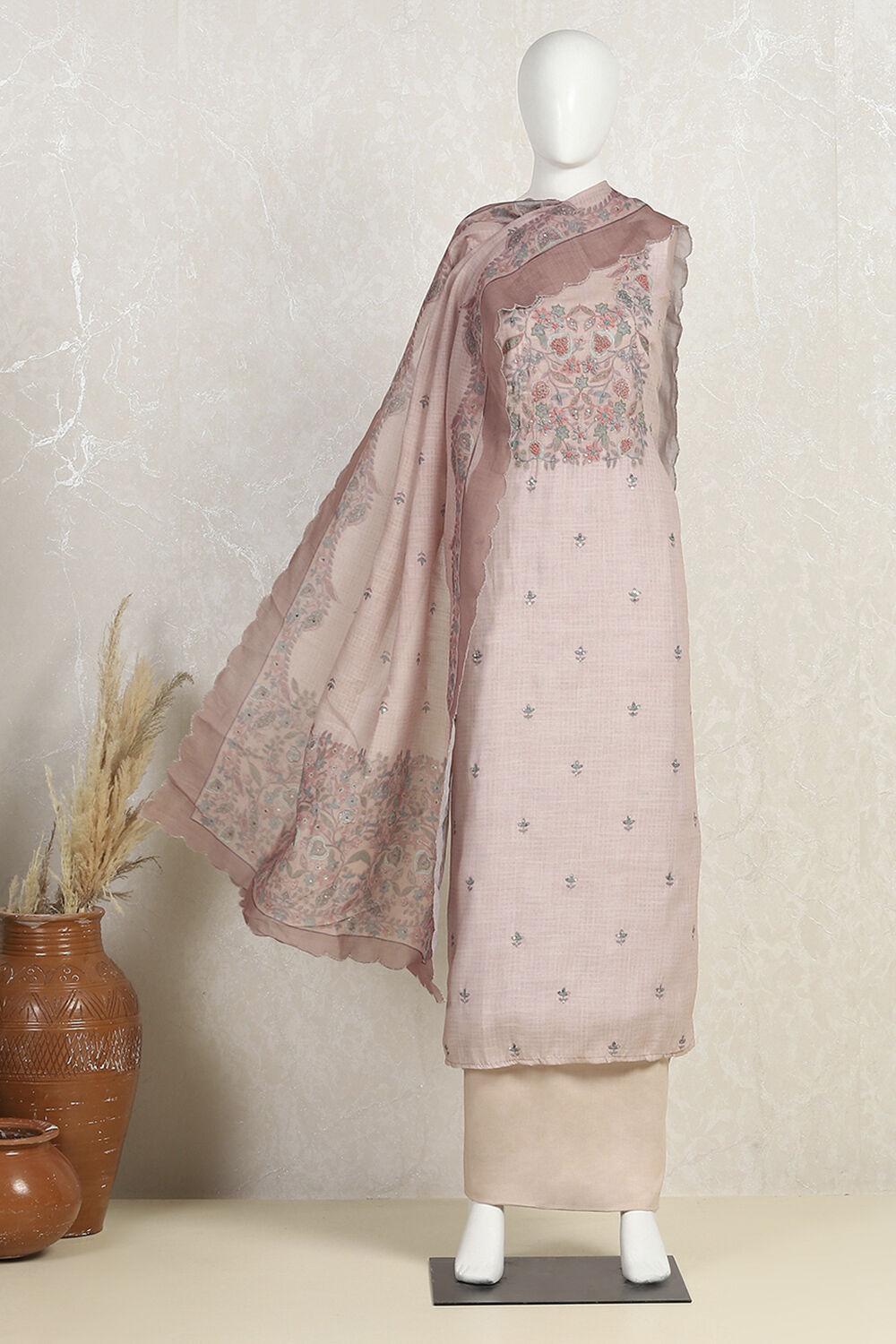 Peach Linen Blend Hand Embroidered Unstitched Suit Set image number 4