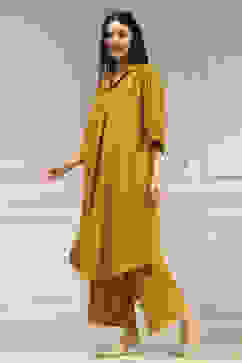 Ochre Yellow Polyester A-Line Dyed Kurta Pants Set image number 3