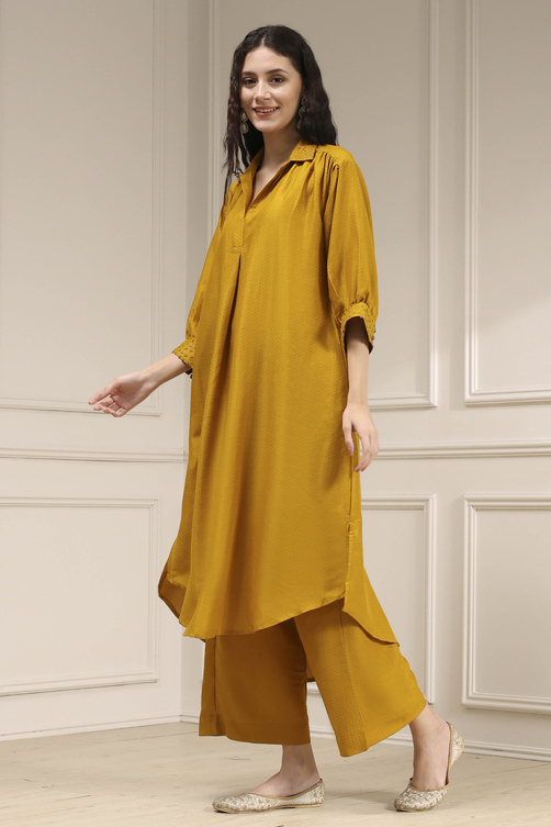 Ochre Yellow Polyester A-Line Dyed Kurta Pants Set image number 3