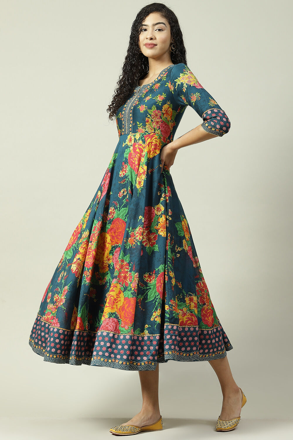 Red Cotton Flared Fusion Printed Dress image number 2