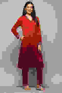 Red & Maroon Polyester Straight Yarndyed 2 Piece Set image number 5