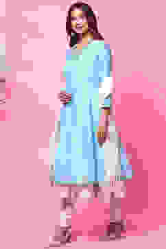 Powder Blue Double Layered Kurta Churidar Suit Set image number 1