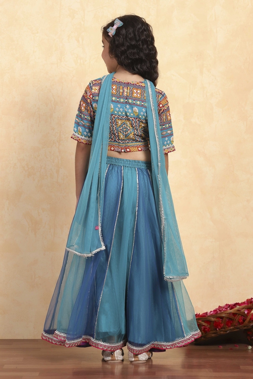 Blue Cotton Printed Kalidar Lehenga Set image number 3