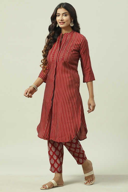 Red Poly Viscose Printed Kurta Set image number 3