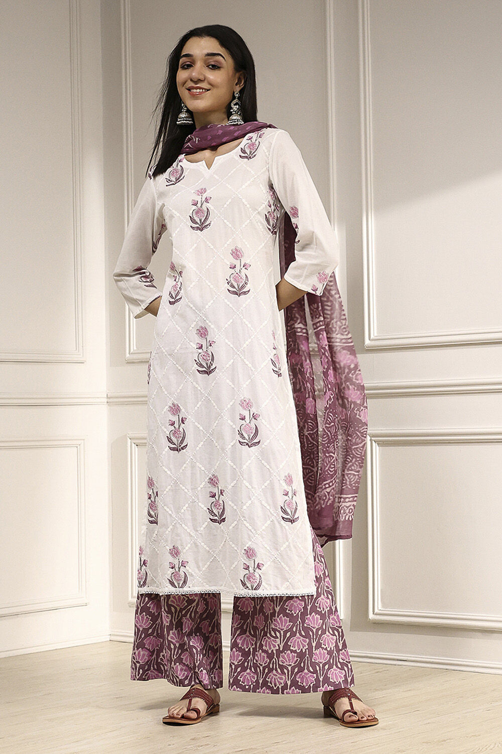 Purple Cotton Hand Block Print Unstitched Suit Set image number 1