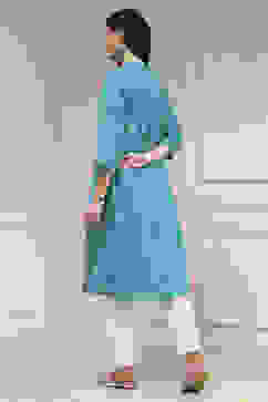 Blue Cotton Ikat Straight Kurta image number 3