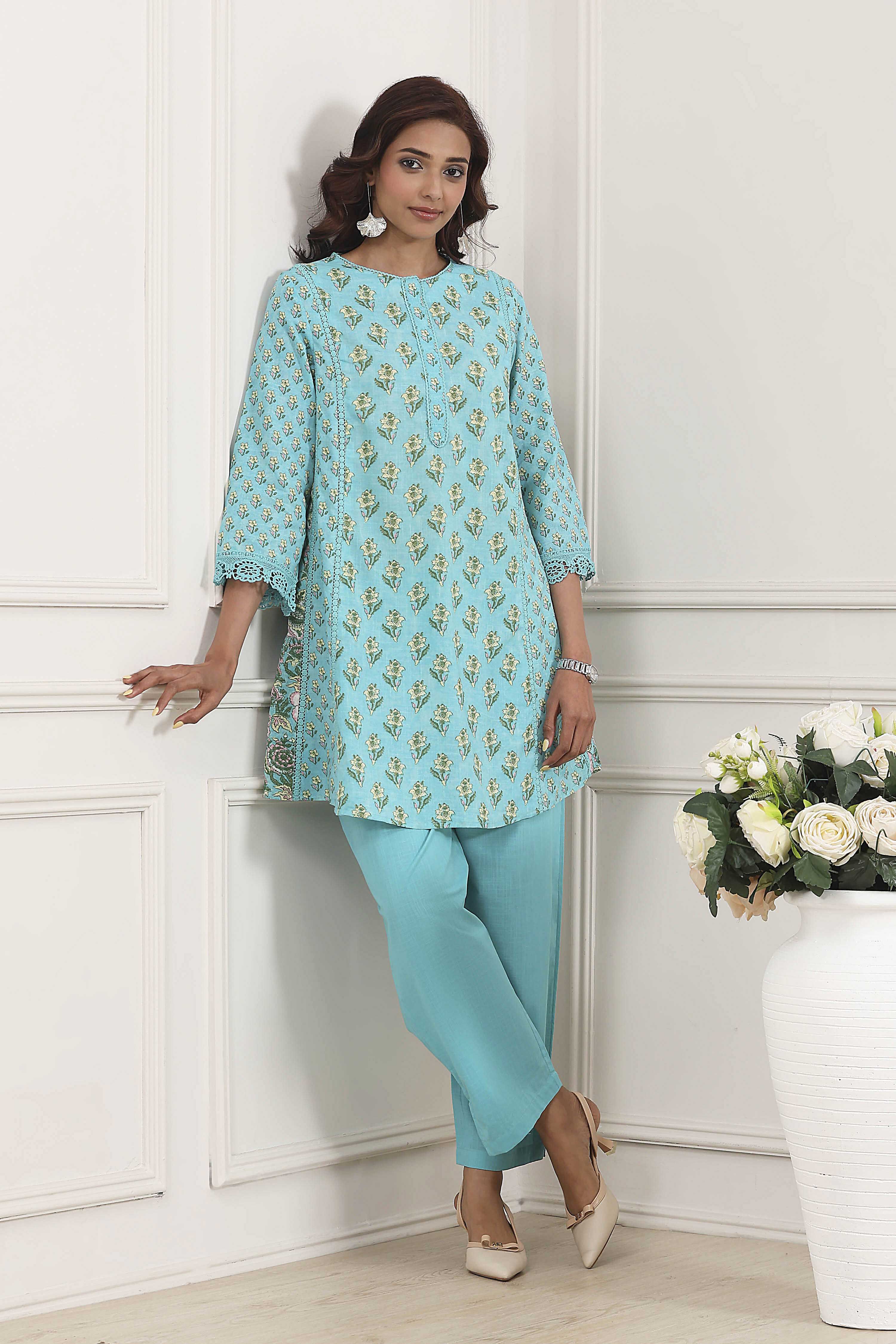 Turquoise Cotton Kalidar Kurta Pants Set image number 0