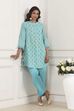 Turquoise Cotton Kalidar Kurta Pants Set image number 0