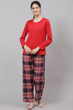 Dark Red Straight Cotton Flax Three Piece Sleepwear Set image number 2