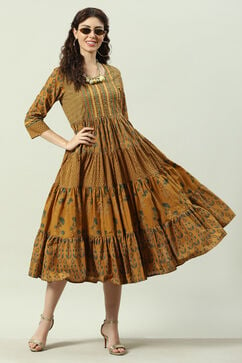 Ochre Cotton Flared Fusion Printed Dress image number 5