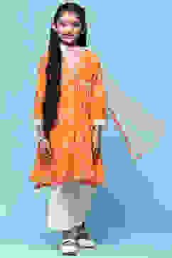 Orange Cotton Printed Flared Kurta White Palazzo & Dupatta image number 7