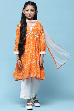 Orange Cotton Printed Flared Kurta White Palazzo & Dupatta image number 7