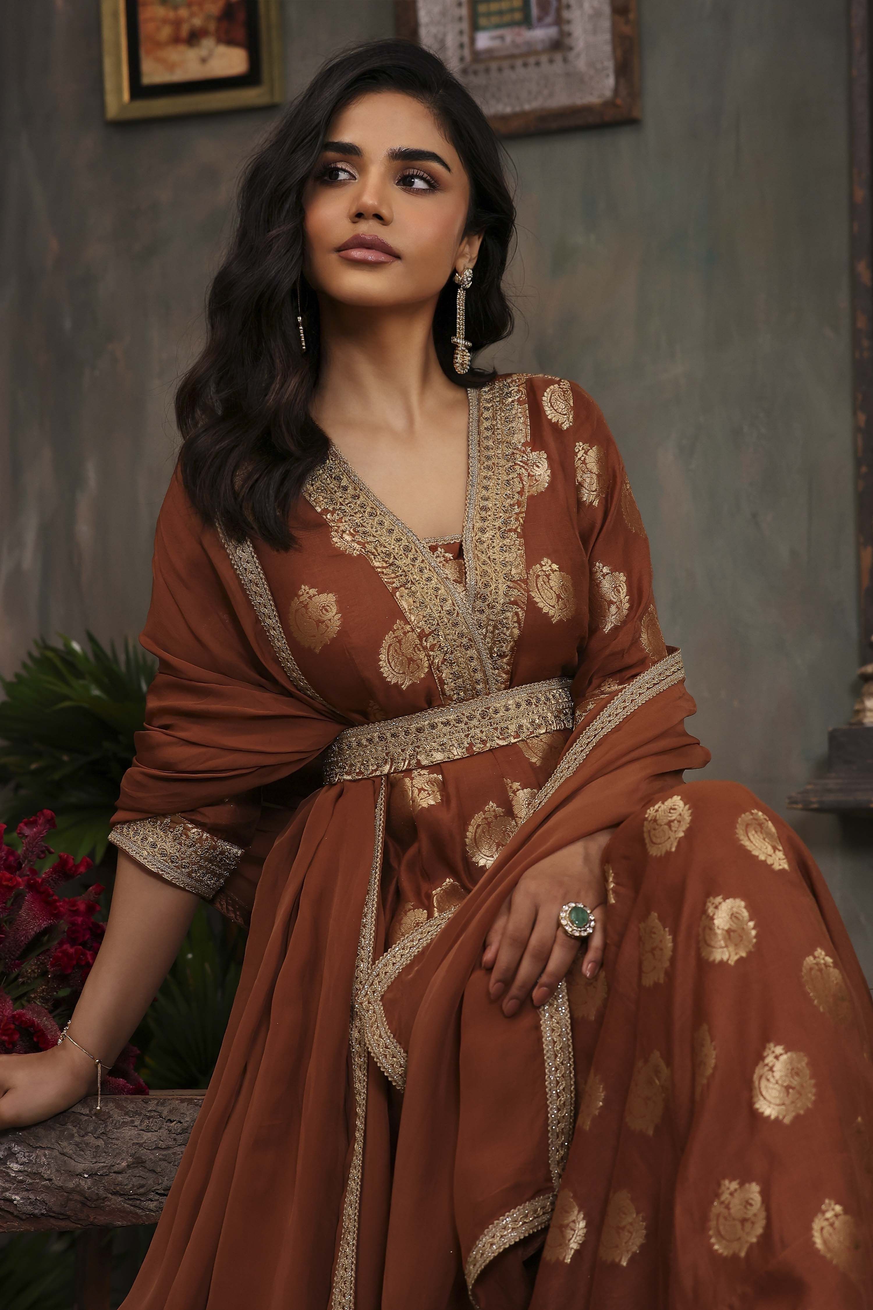 Brown Pure Banarasi Brocade Kalidar Suit Set image number 1