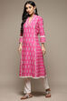 Pink Cotton Straight Embroidered Kurta image number 3