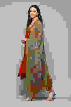 Burnt Orange LIVA Asymmetric Kurta Slim Pant Suit Set image number 5