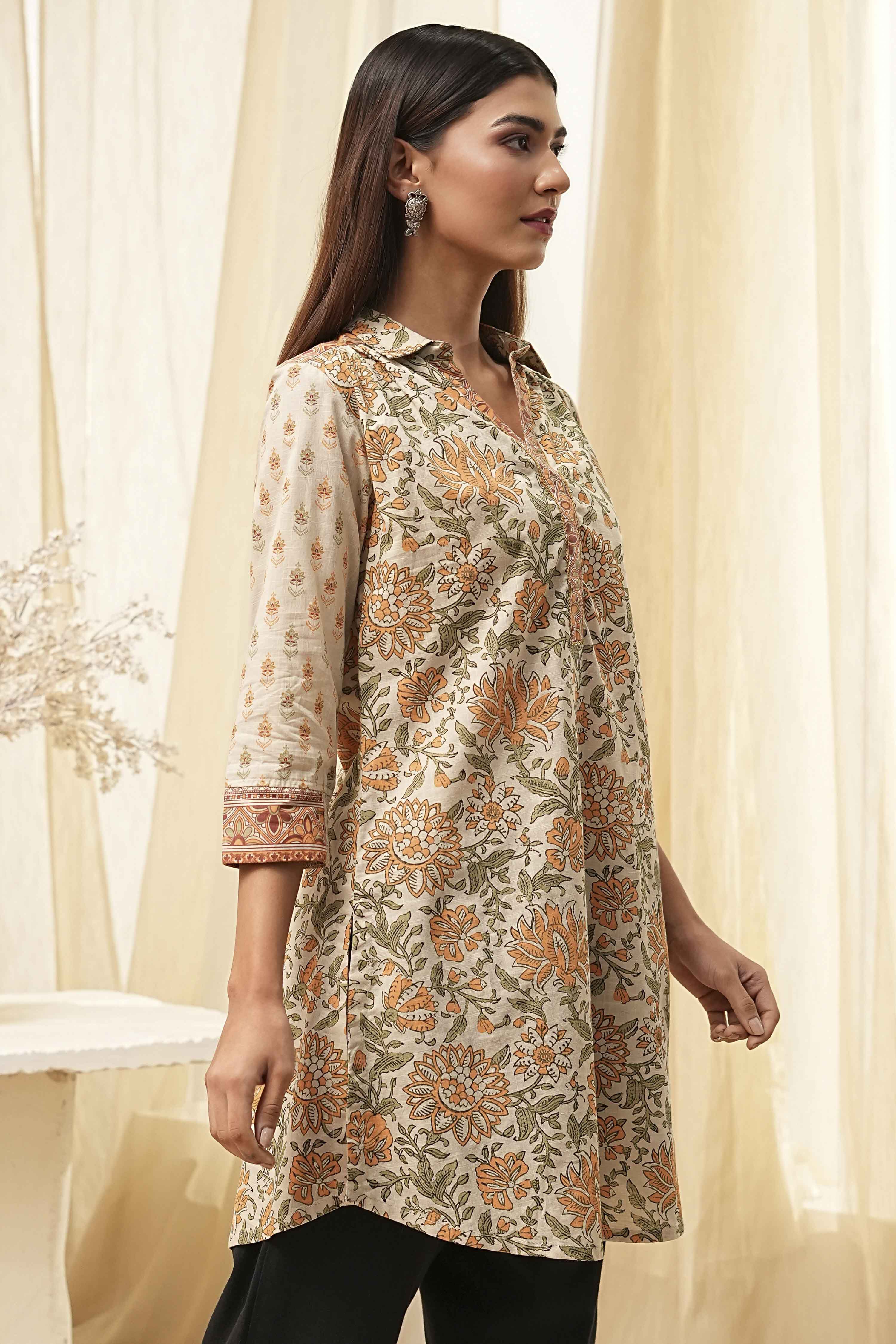 Honey Beige Cotton Floral Short Straight Kurta image number 4