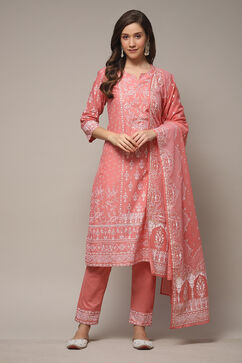 Light Coral Cotton Straight Kurta Pant Suit Set image number 1