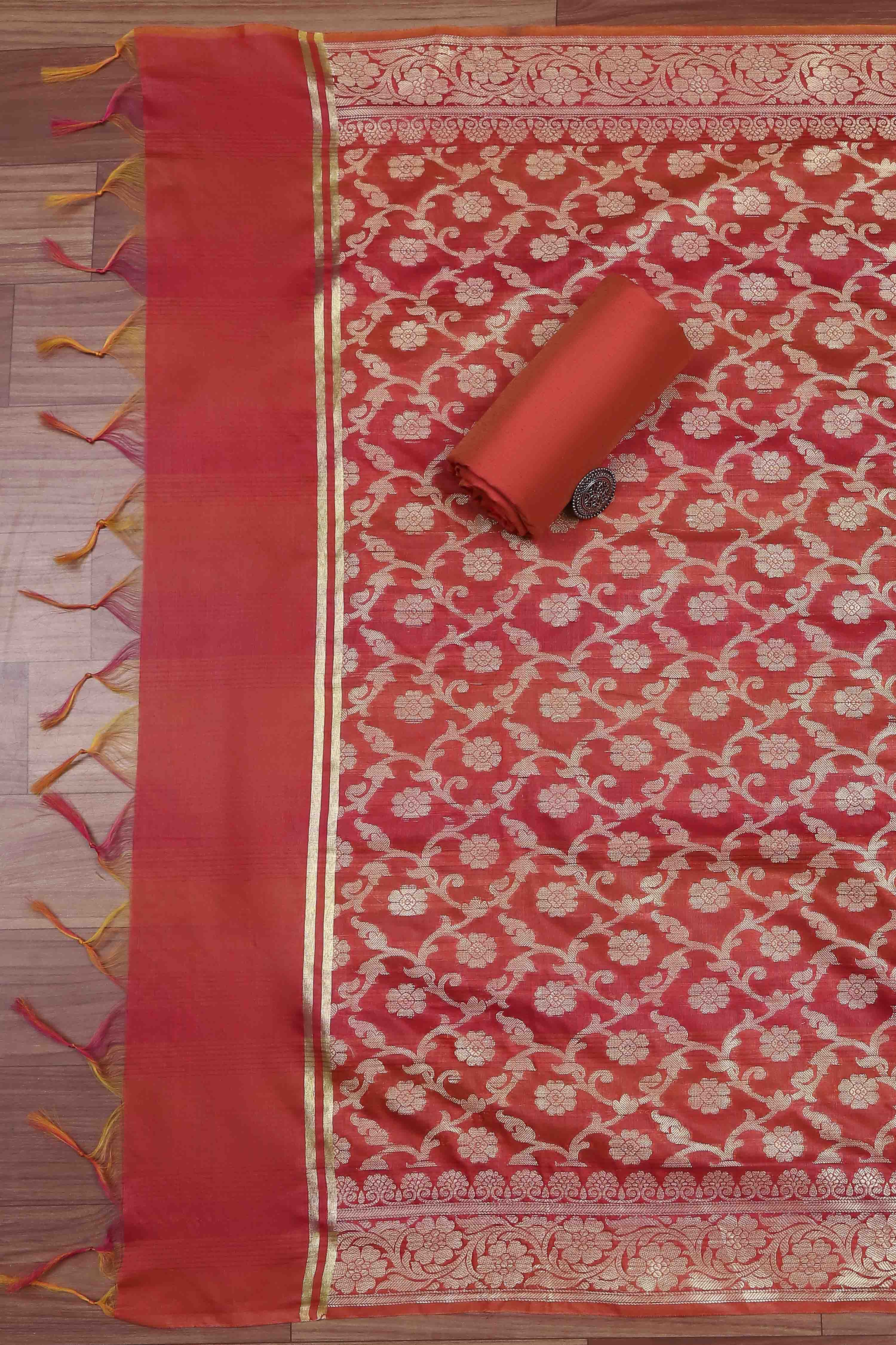 Rust Banarasi Chanderi Banarasi Print Unstitched Suit Set image number 3