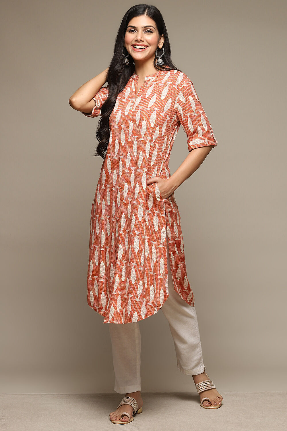 Orange Rayon Straight Printed Kurta image number 0