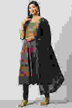 Black Cotton Anarkali Kurta Churidar Suit Set image number 0