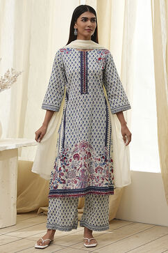 Off-White Cotton Printed Straight Suit Set image number 6