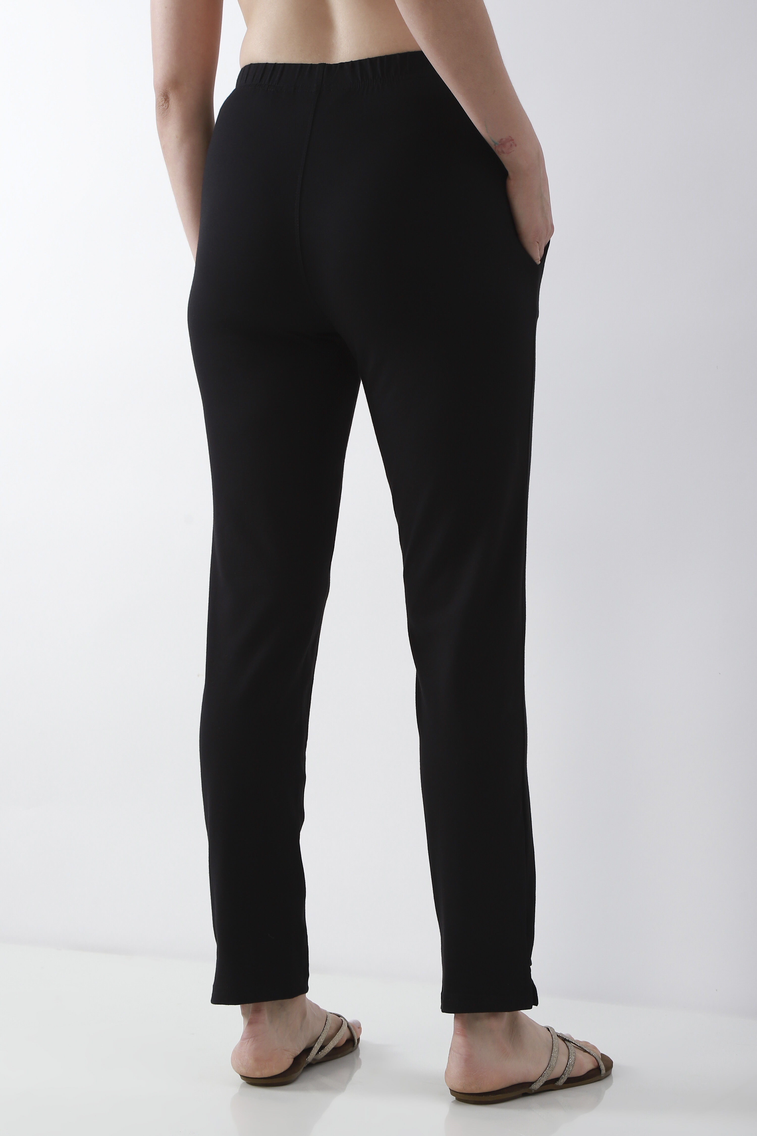 Black Solid Cotton Lycra Straight Pants image number 5