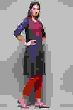 Blue Cotton Straight Printed Kurta image number 4