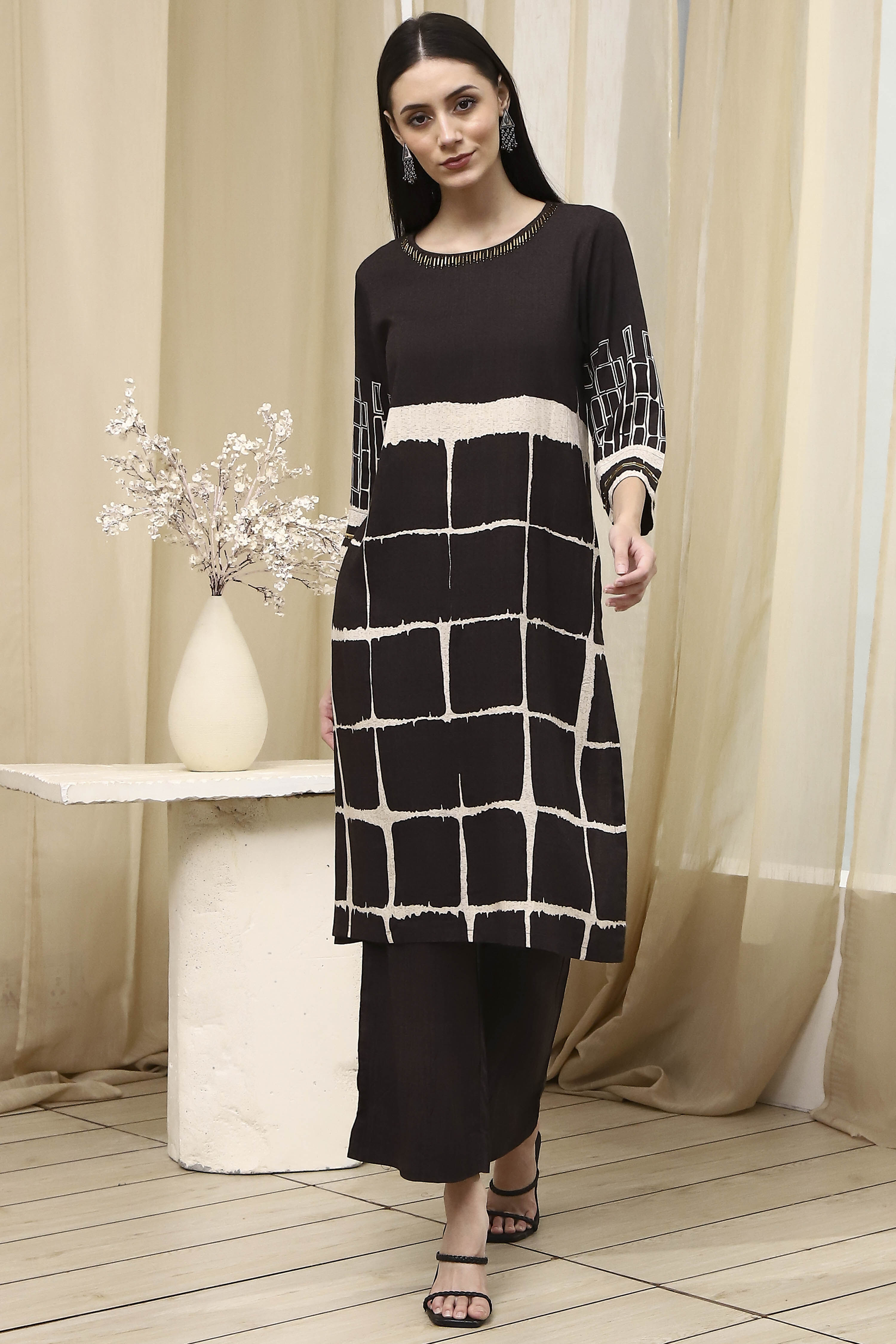 Coffee Brown Printed Straight Kurta Set image number 0