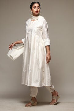 Ivory Cotton Blend Layered Kurta Suit Set image number 6