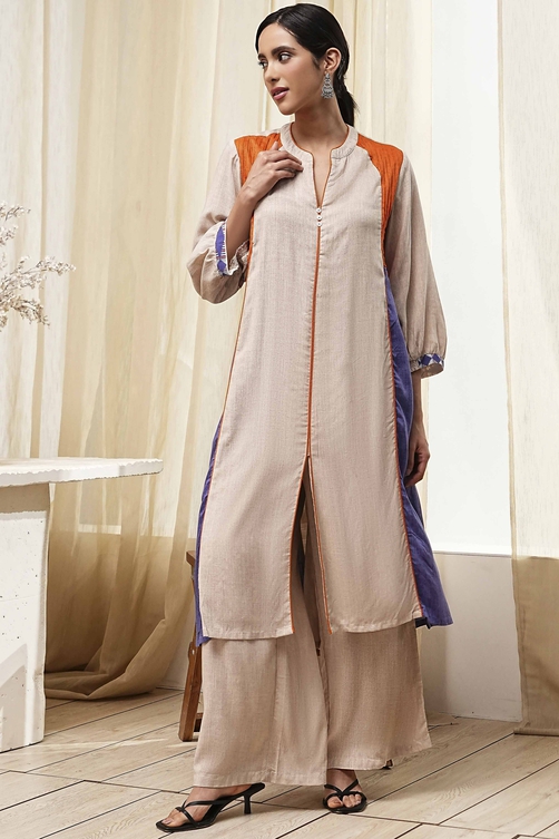 Beige Straight Printed Kurta Set image number 0