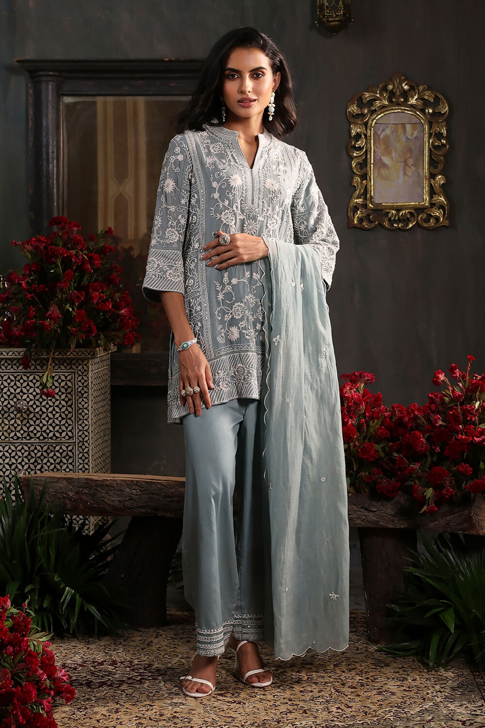 Earthy Blue Chanderi Embroidered Straight Suit Set image number 6