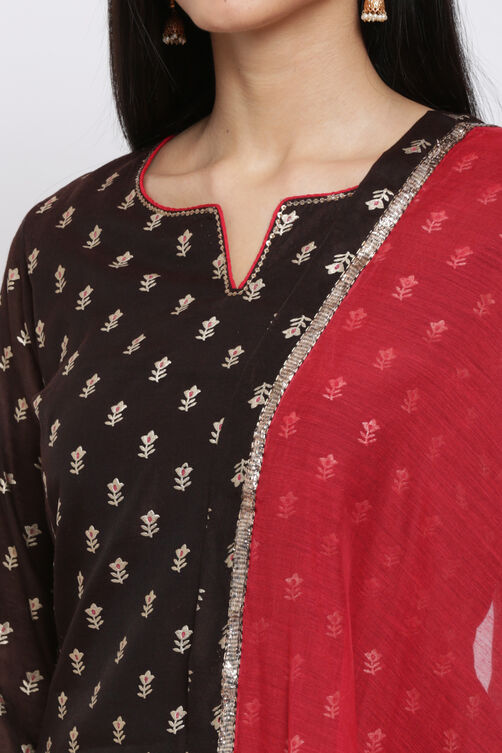 Brown And Red Art Silk Straight Kurta Palazzo Suit Set image number 1