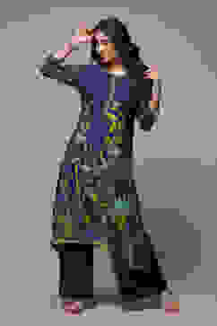 Navy Rayon Straight Printed Kurta image number 0