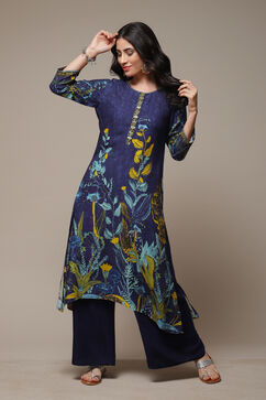 Navy Rayon Straight Printed Kurta image number 0