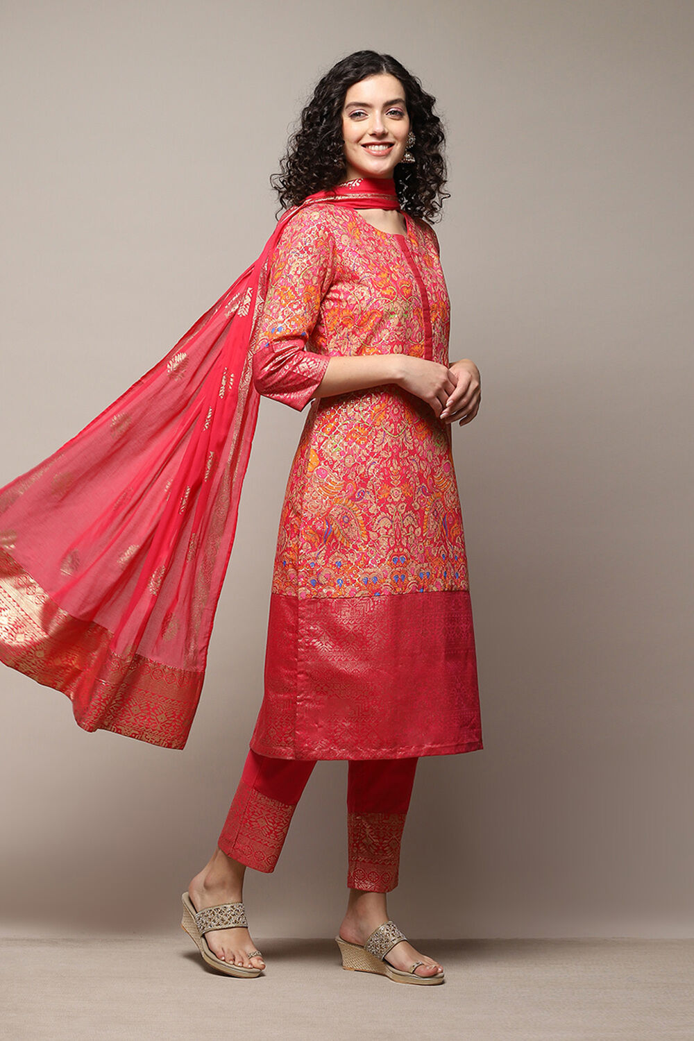 Pink & Purple Voile Straight Printed Kurta Slim Pant Suit Set image number 6