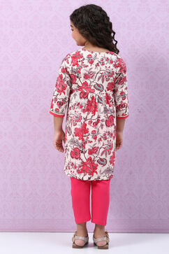 Off White Cotton Flared Printed Kurta Set image number 4