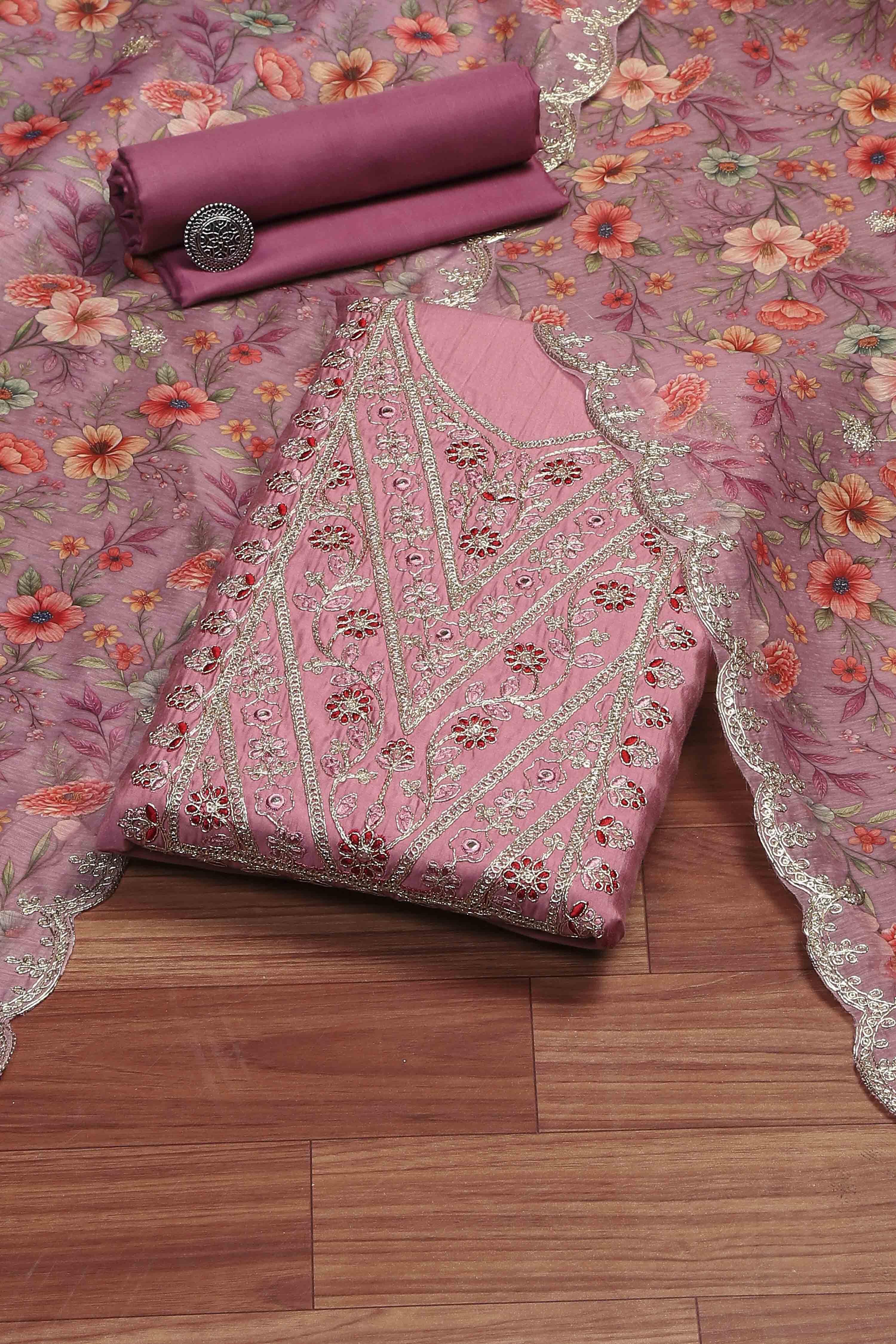 Pnk Chanderi Unstitched Suit Set image number 0