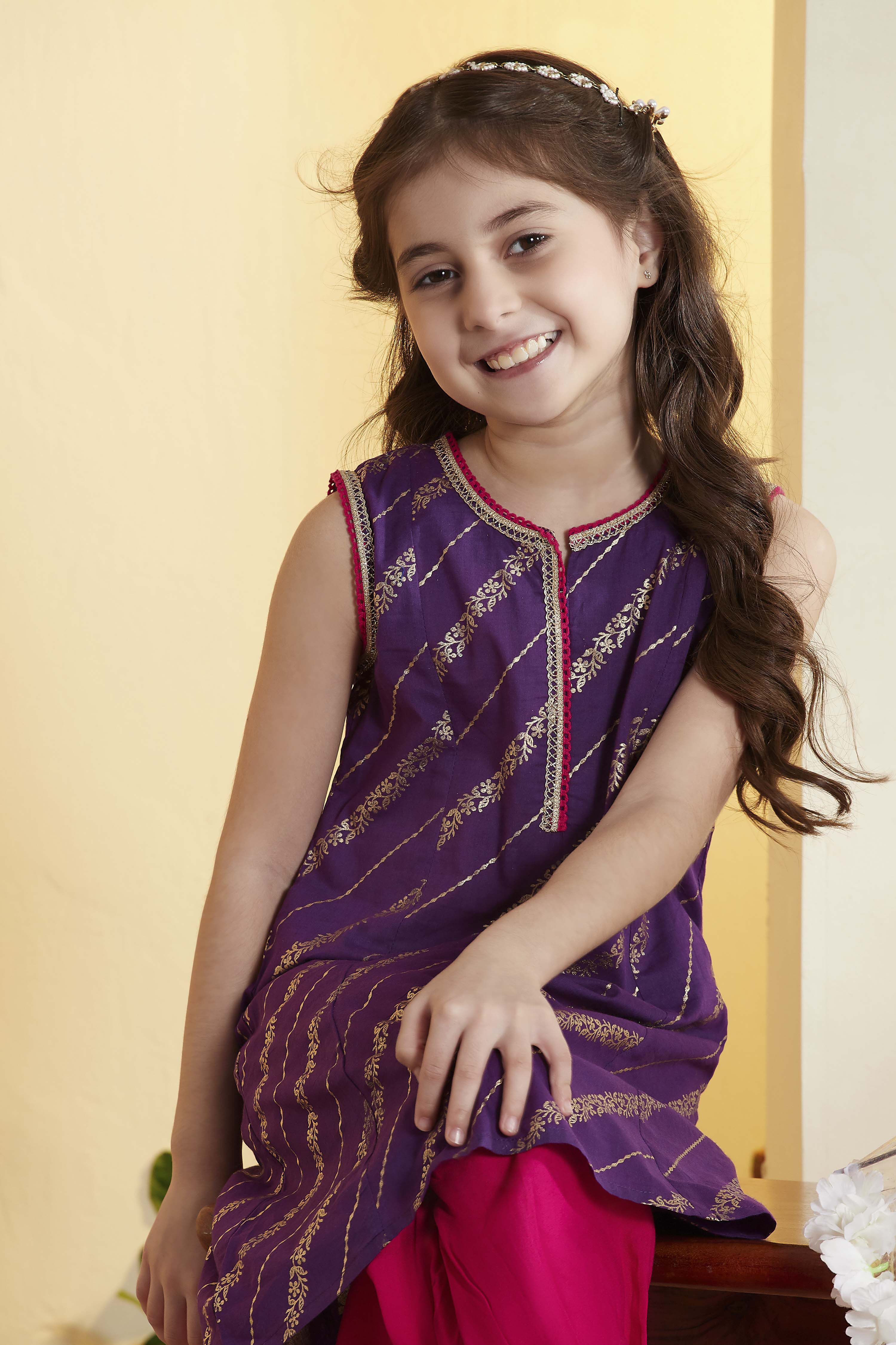 Purple Cotton Printed Straight Kurta Pants Set image number 1