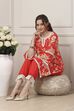 Red Floral Lace Work Straight Suit Set image number 0