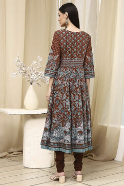 Brown Cotton Fitted Anarkali Suit Set image number 4