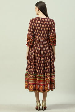 Brown LIVA Flared Printed Dress image number 3