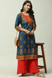 Teal Cotton Straight Kurta image number 3