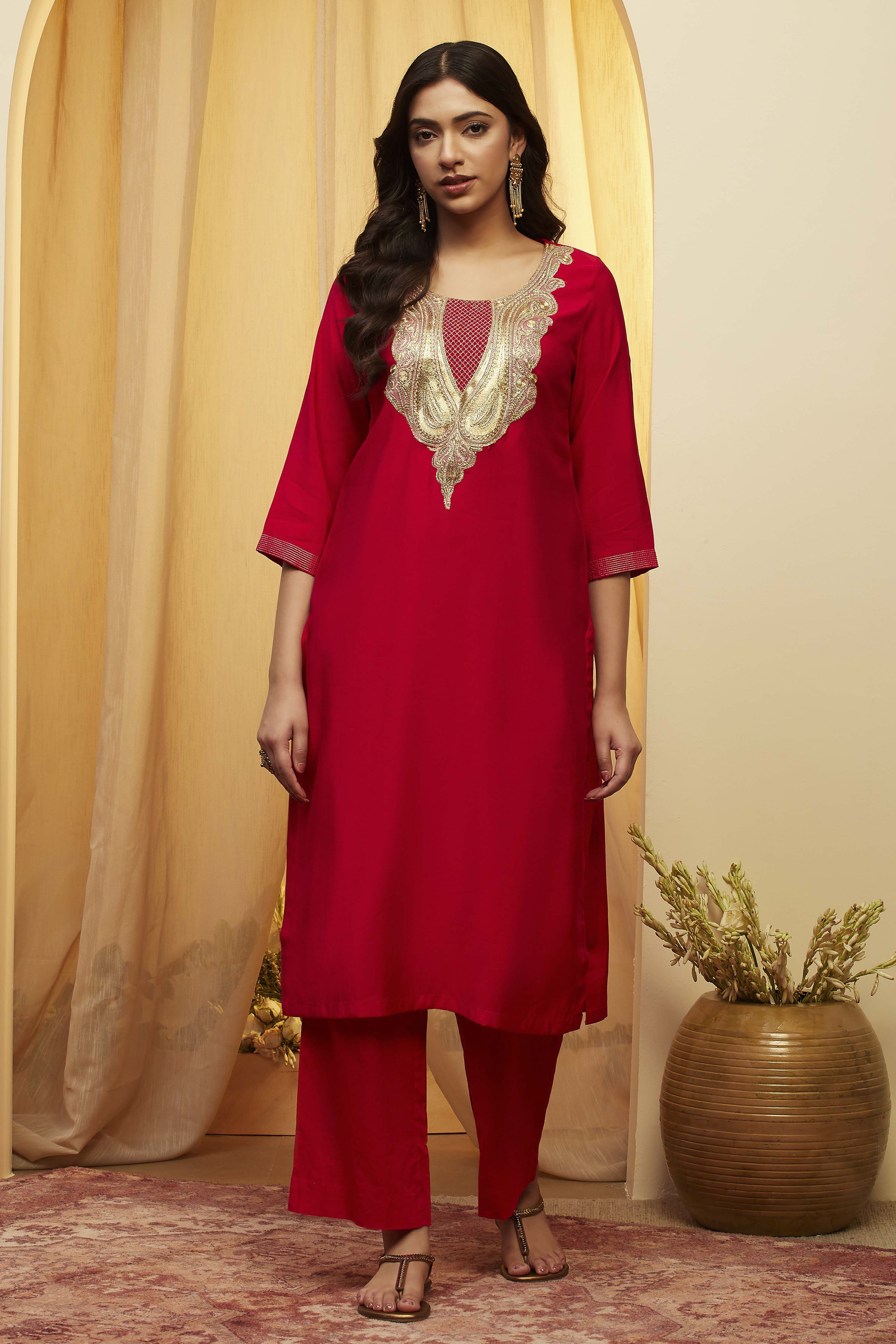 Pink Poly Viscose Straight Kurta image number 5