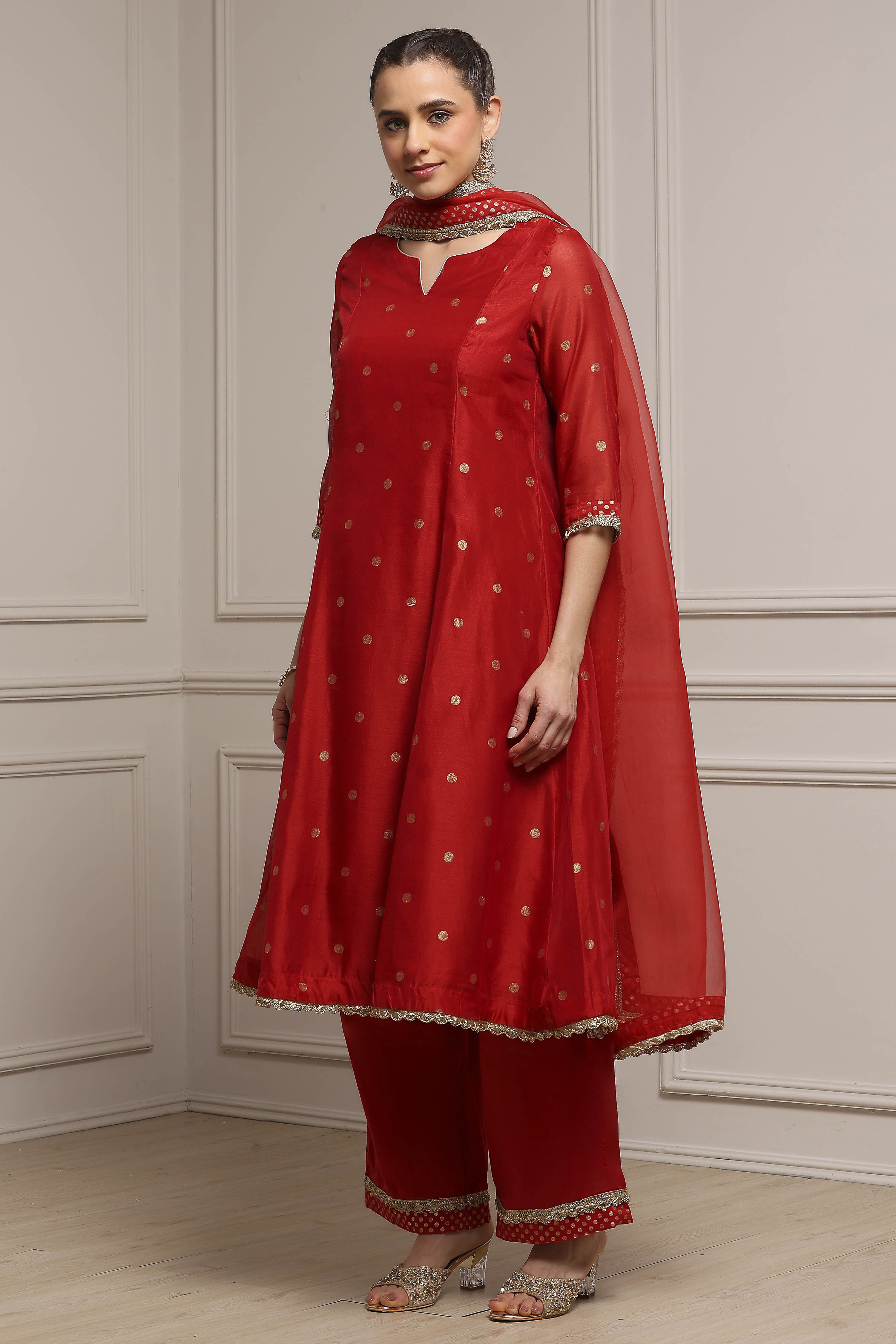 Red Polyester Kalidar Printed Suit Set image number 3