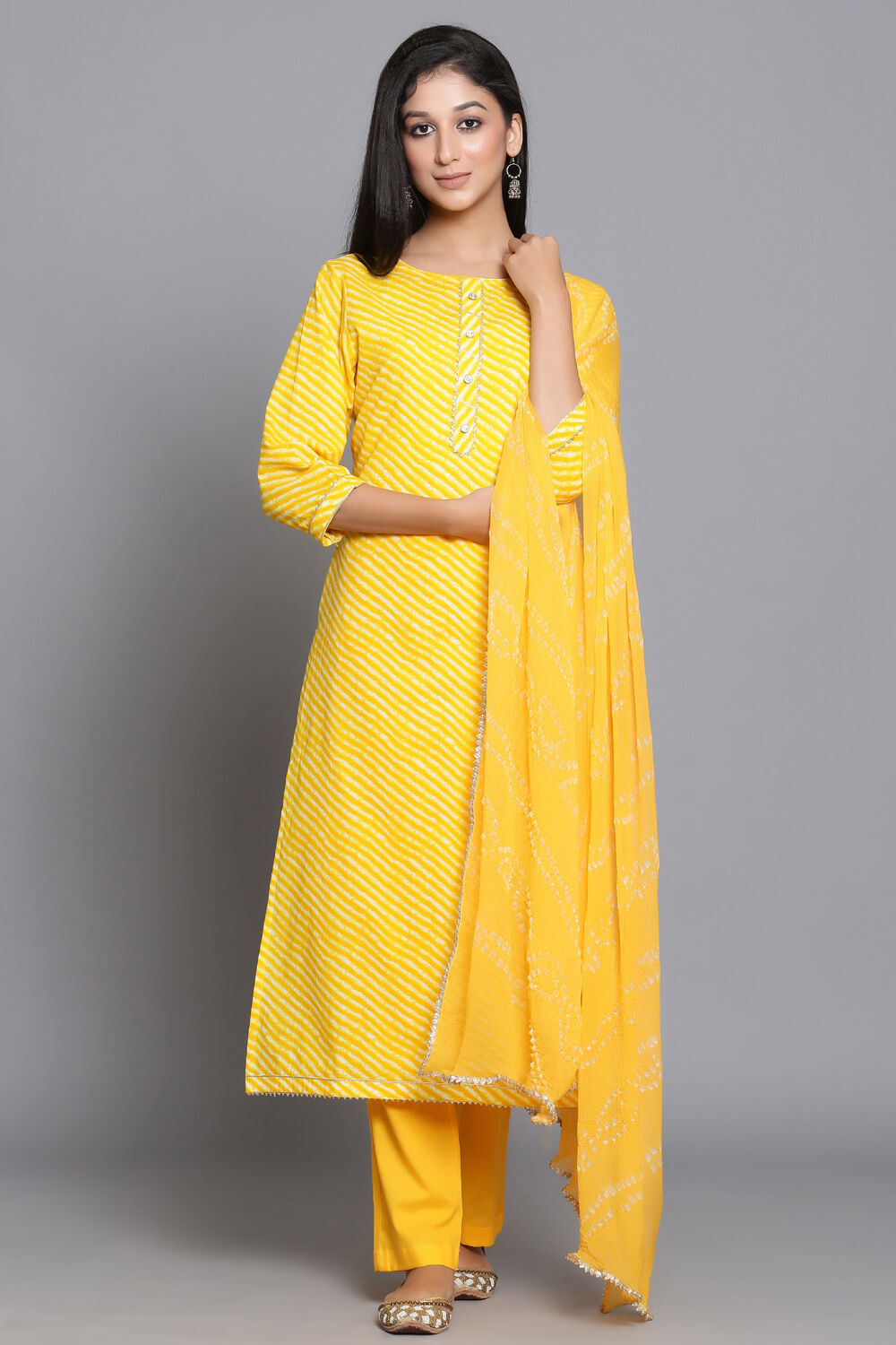 Yellow Unstitched dress material Suit Set at Biba India